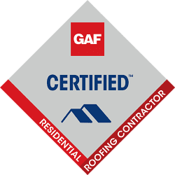 Diamond-shaped logo with a red border and text stating "RESIDENTIAL ROOFING CONTRACTOR." Inside, it features the GAF logo in a red square at the top, the word "CERTIFIED" in blue text, and an image of two stylized rooftops in blue. Perfect for any Roofing Contractor Sarasota County.
