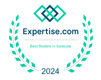 Award badge showcasing the Expertise.com logo, with text "Best Roofers in Sarasota" and "2024". Surrounded by laurel branches, symbolizing excellence in roofing services and recognition.